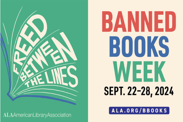 Freed Between the Lines coming out of a book: Banned Books Week Sept. 22-28, 2024, ALA.org/BBOOKS