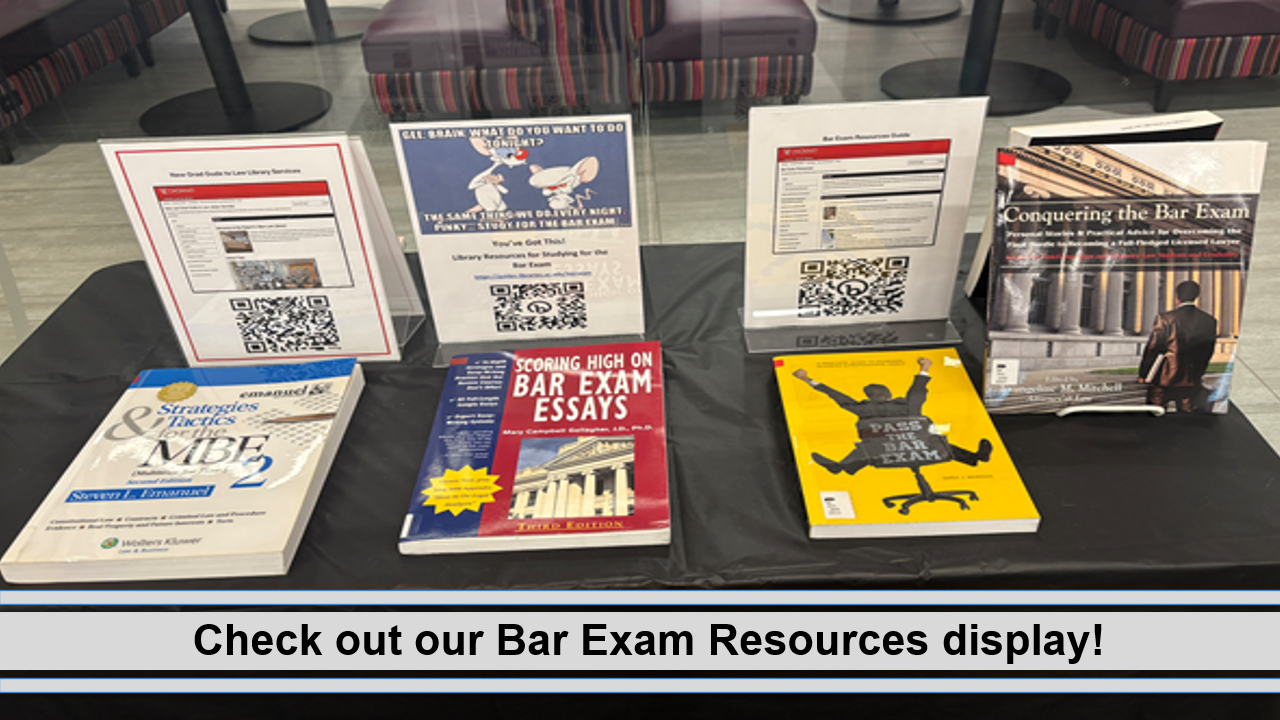 Bar Exam Resources display with bar exam study aids and QR codes to guides