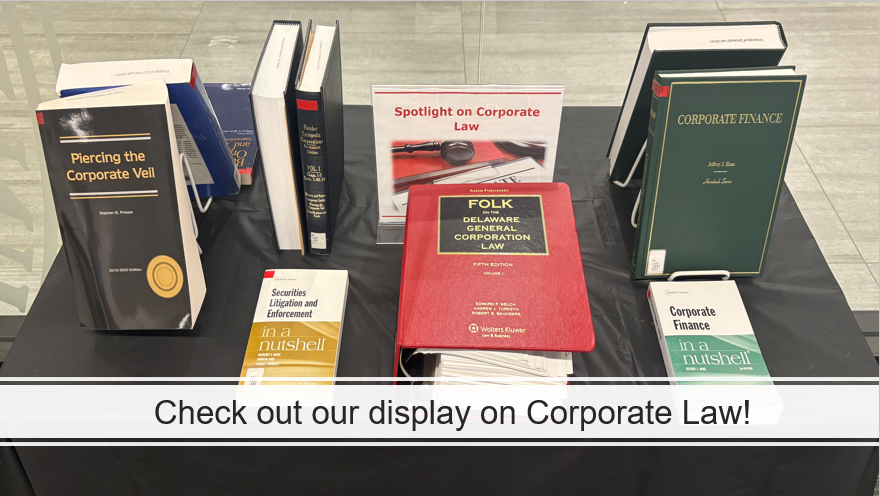 Corporate Law display featuring texts on business organizations and corporate law