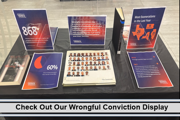 Wrongful conviction display with books, guides, databases, and facts