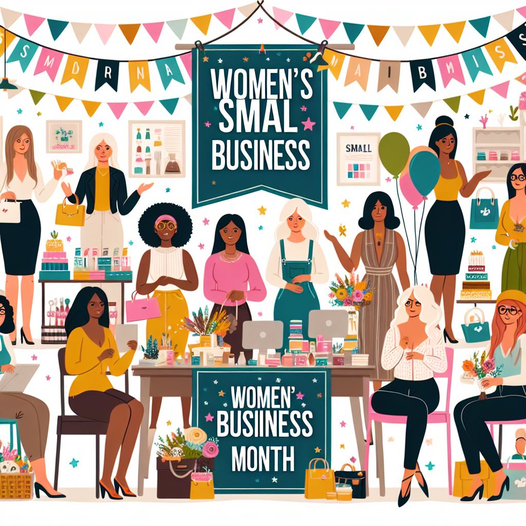 Women's Small Business Month banner and room filled with balloons, cake, presents, and women