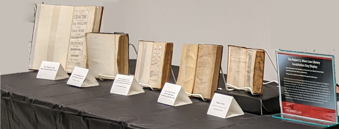 Robert S. Marx Law Library Constitution Day display featuring historical books from the archives