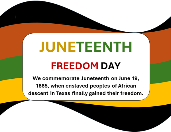 Juneteenth Freedom Day text on a flag with black, red, green, yellow, and black stripes.
